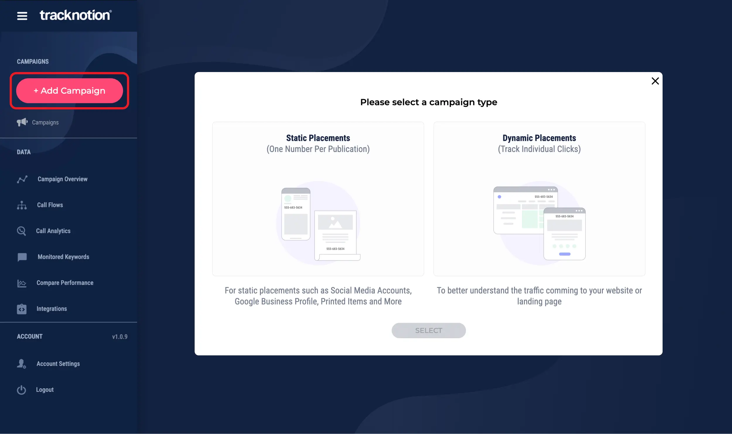Campaigns dashboard sidebar with the Add Campaign button highlighted