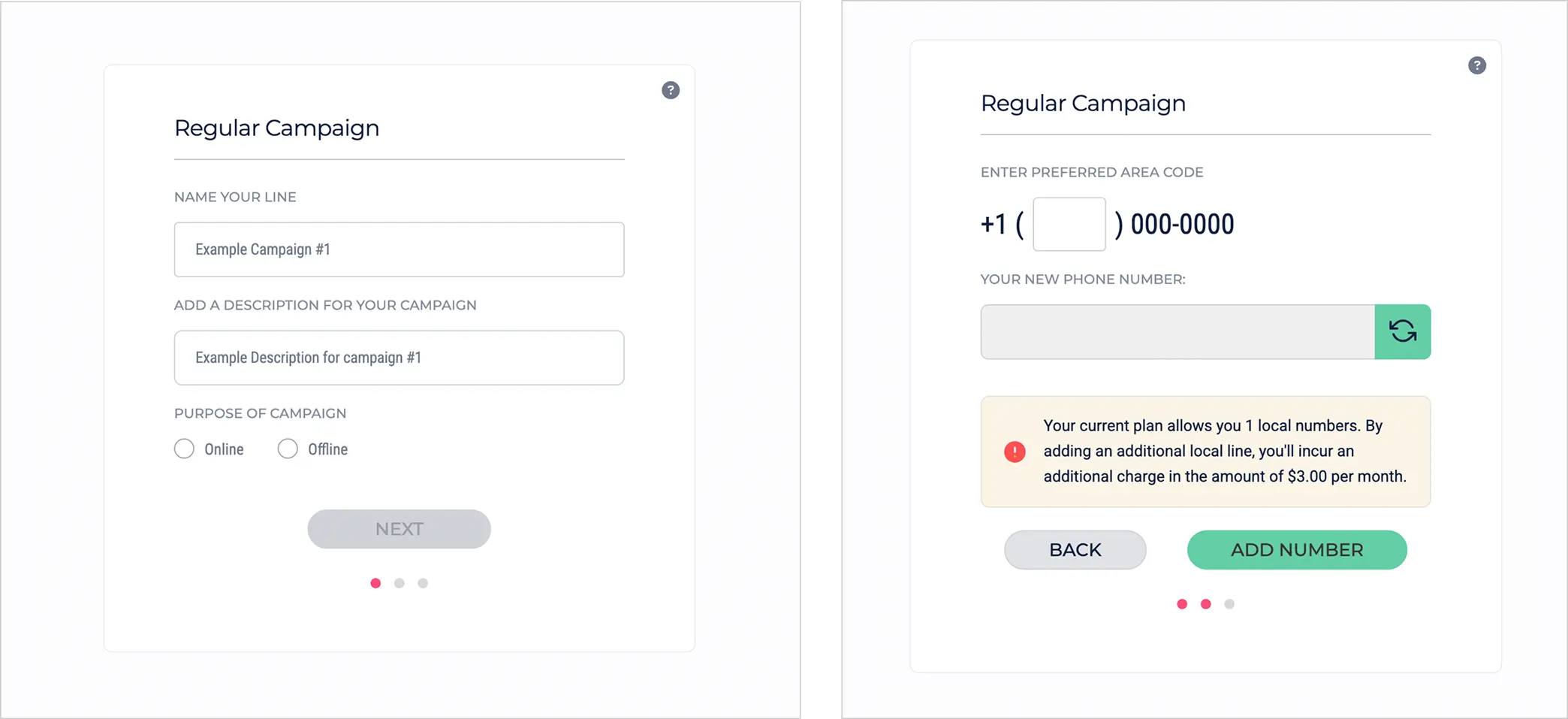 Static campaign setup wizard showing the naming step and the area code number selection step